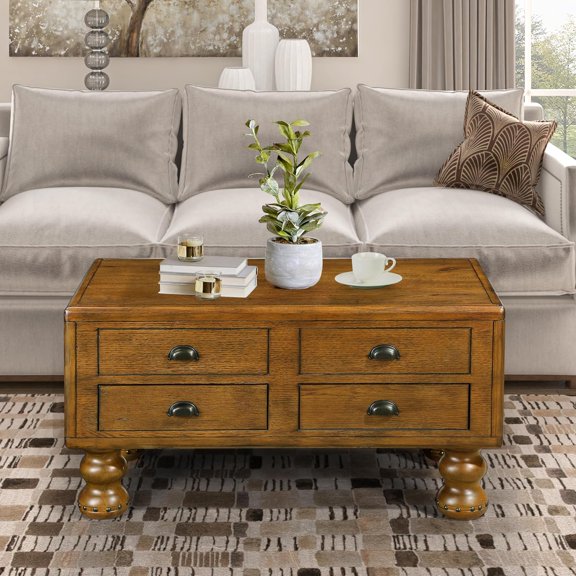 40-Inch Antique Coffee Table with 4 Drawers, Solid Wood Rectangle Coffee Table, OAK Wood Veneer Surface, Wood Center Table Tea Table with Rivet Decoration Legs for Living Room (Antique brown/93)