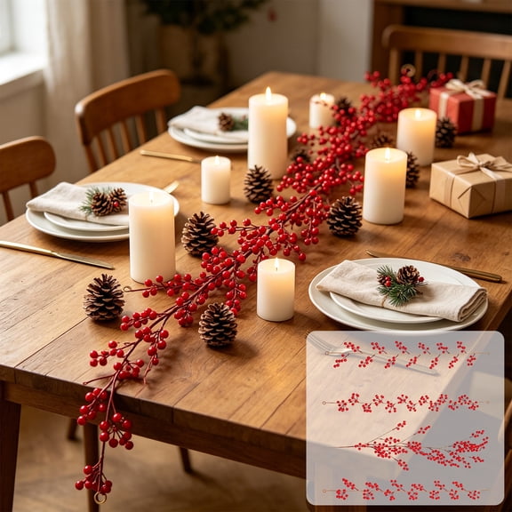 40 Inch Artificial Rattan Garland with Bright Red Christmas Berries, Flexible Vine Decor Strip, Festive Wrapping Supply for Xmas Wreath Making, Tree Trimming and Mantel Holiday Layout