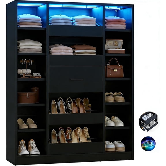 40-Inch Black Closet Storage System with LED Lights, 5 Drawers and 12 Shelves