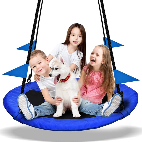 40 Inch Blue Saucer Tree Swing Seat Supports 900 Lbs, Flying Swing with 2 Hanging Straps & Adjustable Multi-Strand Ropes, Safe Durable Outdoor Swing for Kids