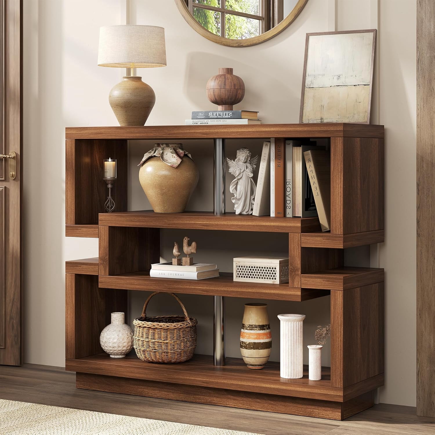40-Inch Brown Farmhouse Console Table with 4-Tier Storage, Narrow Entryway Table for Behind Couch or Hallway