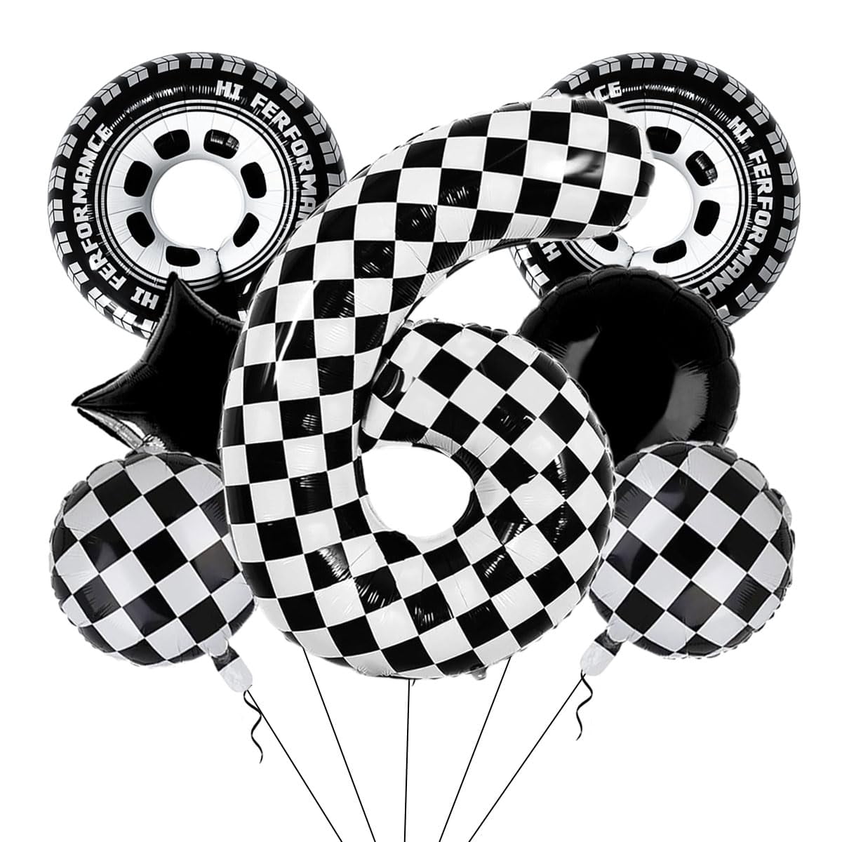 Race Car Balloons Party Decorations Kit - 40 Inch Black Mylar #5 Balloon With Checkered Flag & Tire Designs (7 Pcs Set)