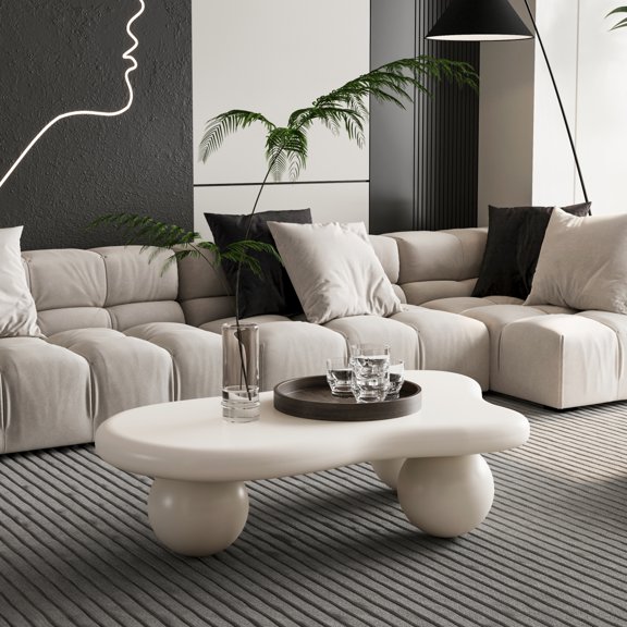 40 Inch Cloud Coffee Table Modern Irregular Living Room Center Table with 3 Ball Legs, MDF Round Edge Sofa Tea Table for Apartment Primary Living Space