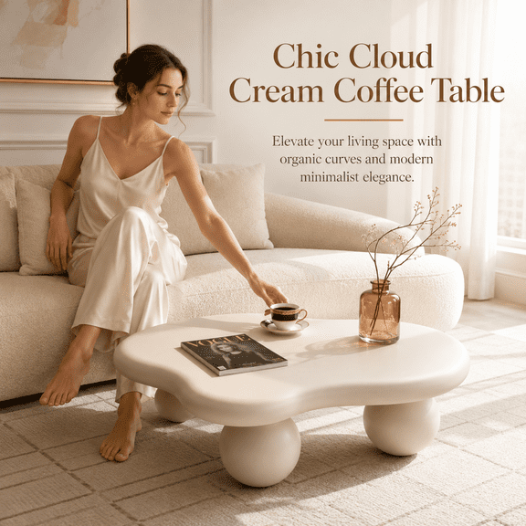 40 Inch Cloud Coffee Table Modern Living Room Table 3 Ball Legs Cream White