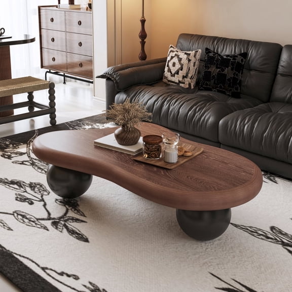 47" Cloud Shaped Coffee Table with 3 Ball Legs, Modern Living Room Table, Black & Dark Walnut, MDF Lacquered