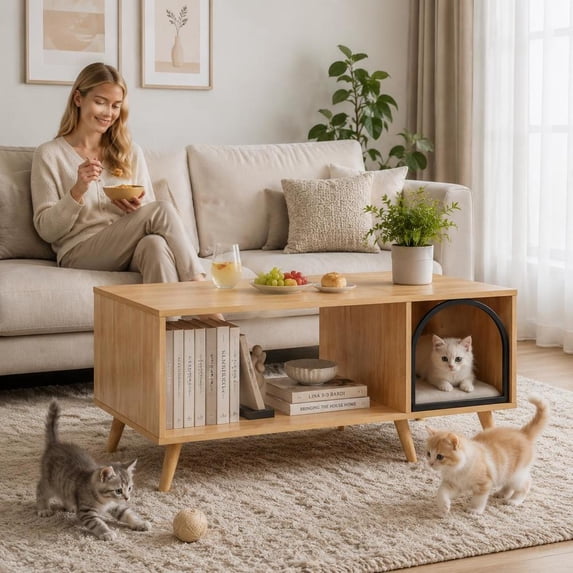 40 Inch Coffee Table Cat House, Wooden Center Table with Open Storage ...