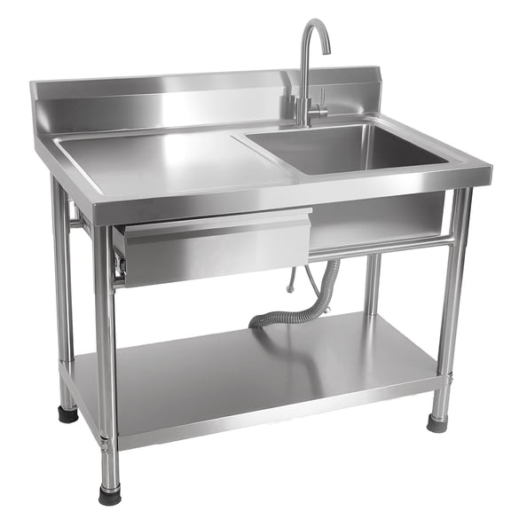 40 Inch Commercial Kitchen Sink, Farmhouse Indoor and Outdoor Sink with Drawer and Cold and Hot Faucet(360°), Free Standing Single Bowl Sink with Workbench for Kitchen & Farmhouse