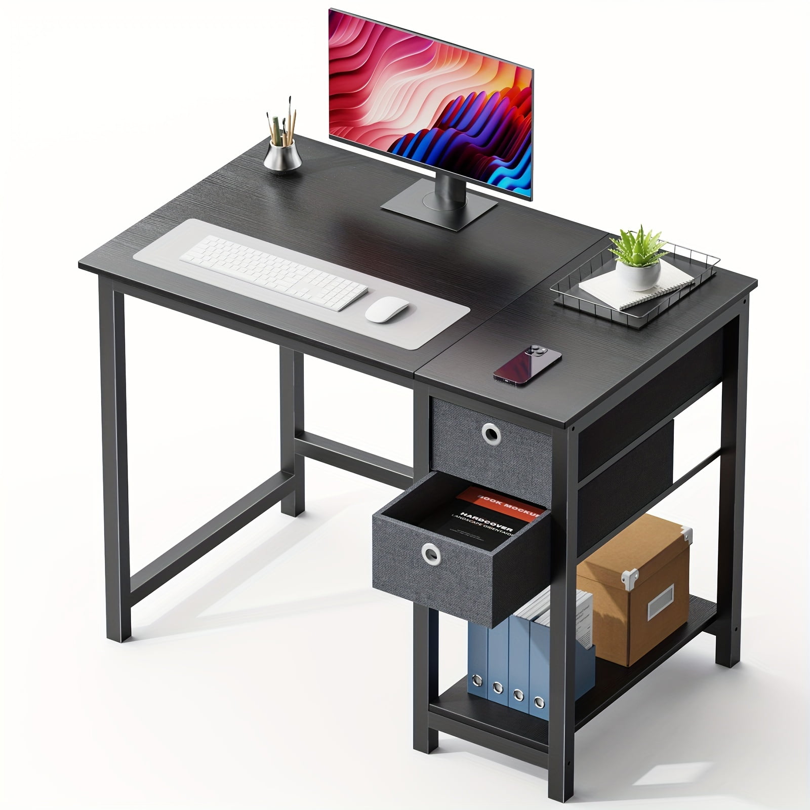 Black Wood Rectangular Writing Desk with Storage Drawers
