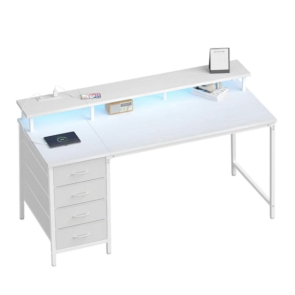 40 Inch Computer Desk with 4 Drawers, Gaming Desk with Power Outlets and RGB LED Lights, Office Desk with Monitor Shelf and USB Type-C Port, Reversible Storage Desk for Home Office Bedroom