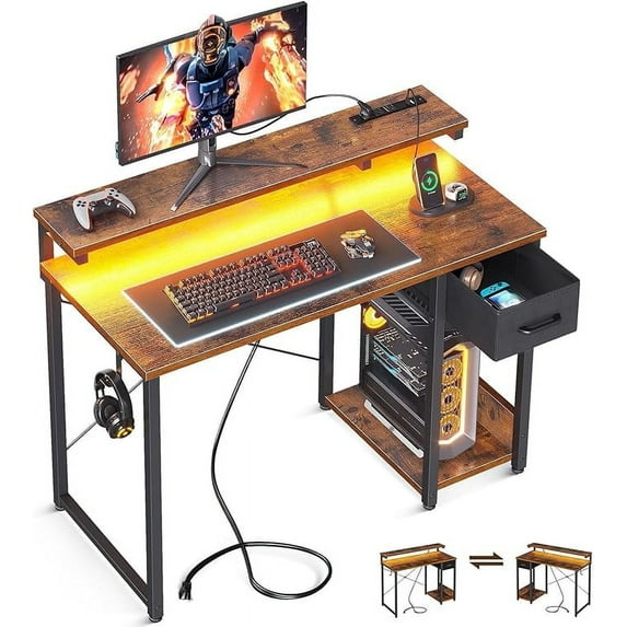 40 Inch Computer Desk with Drawers & Power Outlets, Study Writing Desk with Monitor Stand for Small Space, Modern Simple Style Laptop Desk for Bedroom, Gaming, Home Office, Vintage