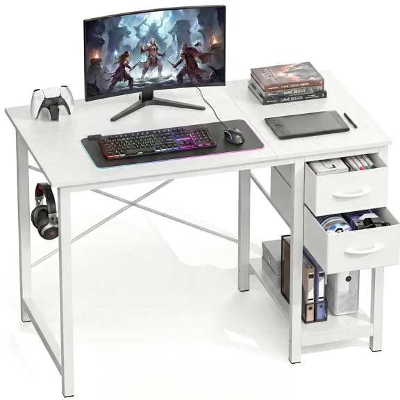 40 Inch Computer Desk with Drawers, Home Office Writing Desk with X-Shaped Reinforcement, Modern Study Work Table with Side Hook, Sturdy Metal Frame