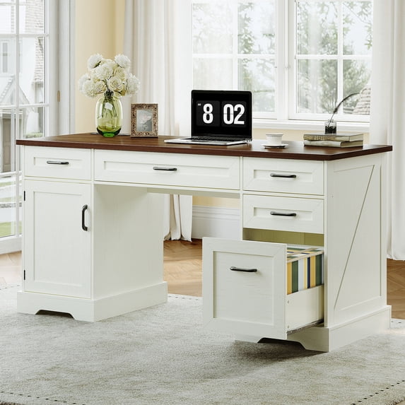 Casacomoda 40" Small Computer Desk with Fabric Drawers & File Cabinet, Home Office Desk with Cloth Storage Bag and Hook, Writing Study Work Table for Small Space, Vanity Desk for Bedroom, White
