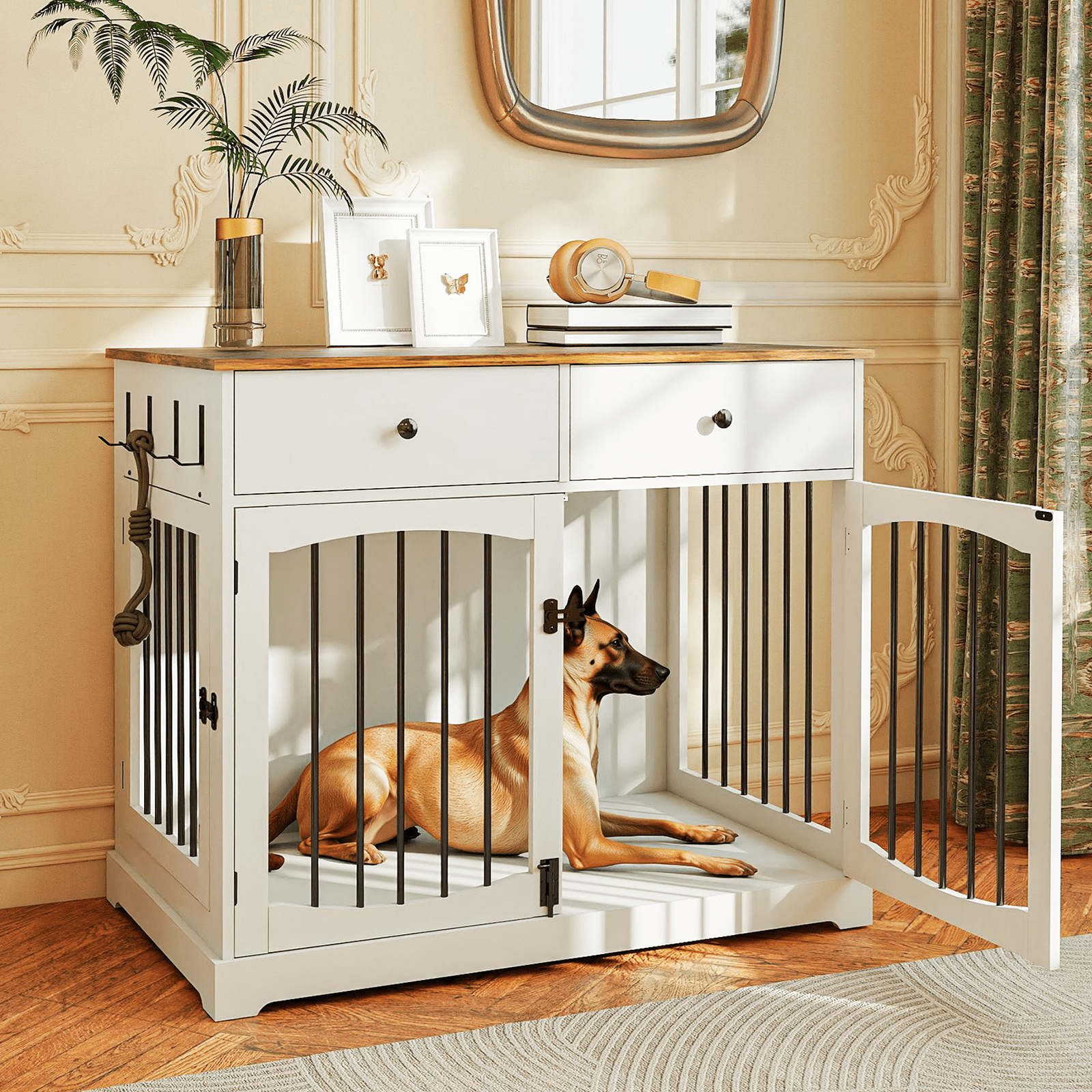 Flictozena 40 Inch Dog Crate Furniture - House Style Wooden Pet Kennel End Table with 2 Doors & Storage Drawers for Indoor Large Dogs, White