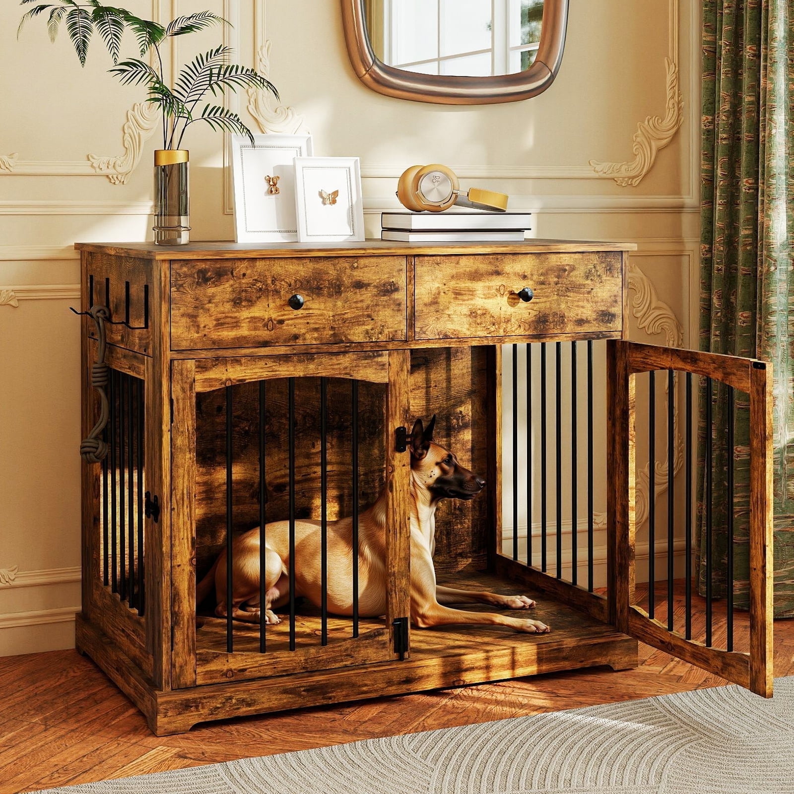 Flictozena 40 Inch Dog Crate Furniture - House Style Wooden Pet Kennel with 2 Doors for Indoor Large Dogs, Brown