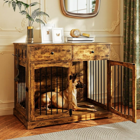 Flictozena 40 Inch Dog Crate Furniture - House Style Wooden Pet Kennel with 2 Doors for Indoor Large Dogs, Brown