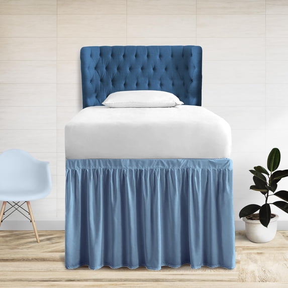 40 Inch Drop Full XL Size Dorm Bed Mediterranean Blue Solid Bed Skirt Lightweight Ruffled Pattern Split Corner Premium Hotal Quality With Flexible Elastic & Fade Resistent