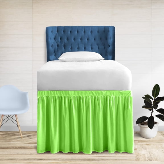 40 Inch Drop Full XL Size Dorm Bed Parrot Green Solid Bed Skirt Lightweight Ruffled Pattern Split Corner Premium Hotal Quality With Flexible Elastic & Fade Resistent