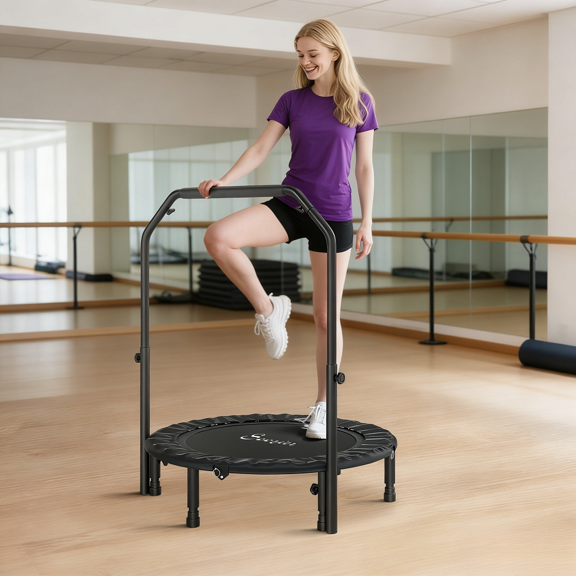 40 Inch Exercise Trampoline With Adjustable Handlebar 4 Level Height 39 To 48.4 Inch 330 Lbs Capacity Folding Fitness Rebounder Indoor Workout Cardio Training Steel Frame Oxford Mat Black