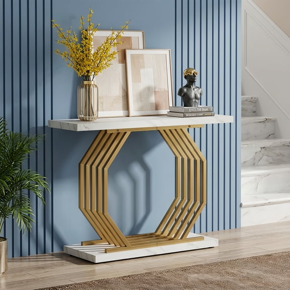 40 Inch Faux Marble Console Table - White & Gold Geometric Metal Base, Modern Luxury Narrow Entryway Sofa Table for Living Room Hallway Foyer