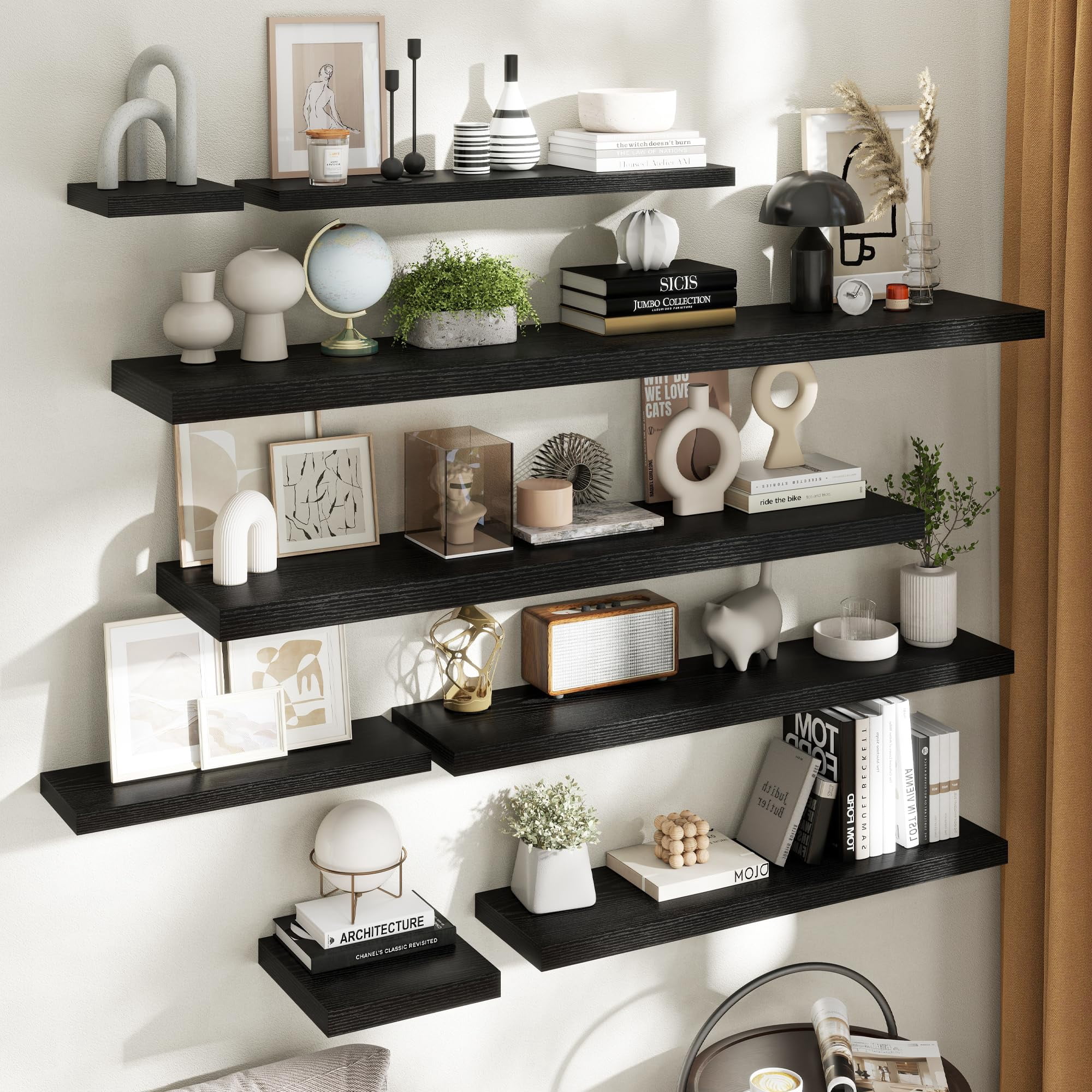 40 Inch Floating Shelves For Wall With Invisible Brackets Set Of 2  9"d Engineered Wood Grain Living Room Bedroom Bathroom Kitchen Decor And Storage Black Finish