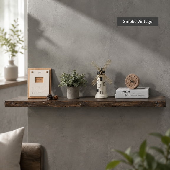 40 Inch Floating Wall Shelf, Solid Elm Wood with Vintage Live Edge Wood Grain, Heavy Duty Hidden Brackets, Wall Decor for Living Room, Kitchen & Bathroom