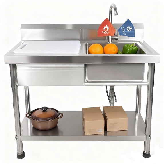 40 Inch Free Standing Single Bowl Sink, Stainless Steel Utility Sink with Drawer & Cold and Hot Water Pipe, Farmhouse Indoor and Outdoor Sink with Workbench for Kitchen & Garage Use