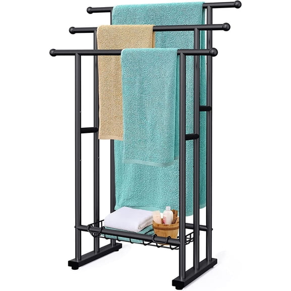 40 Inch Free Standing Towel Rack, 3 Tier Alloy Steel Towel Stand with Storage Basket, Freestanding Blanket Holder for Bathroom, Tub and Shower Side