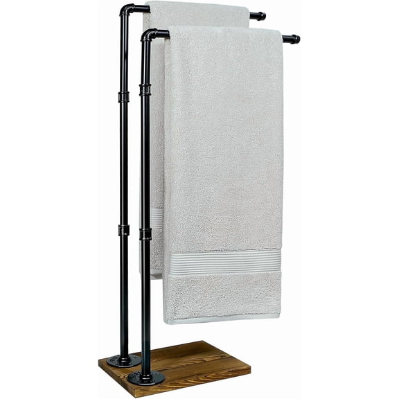40 Inch Freestanding Towel Rack for Bathroom, 2-Tier Industrial Farmhouse Towel Stand with Wood Base, Black Metal Towel Racks for Pool Hot Tub Outdoor Use