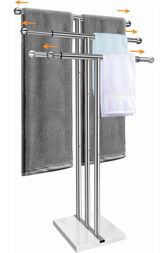 40 Inch Freestanding Towel Rack with Weighted Marble Base, 3-Tier Stainless Steel Bathroom Towel Stand, Width Adjustable Tall Towel Holder for Multi-Space Use