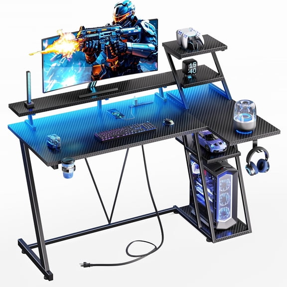 40 Inch Gaming Desk with LED Lights & Power Outlet, L Shaped Computer Gaming Table with Storage Shelves, Reversible Corner Desk with Monitor Stand for Home Office, Carbon Fiber Black