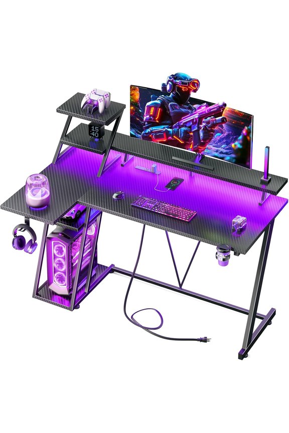 40 Inch Gaming Desk with LED Lights & Power Outlet, L Shaped Computer Gaming Table with Storage Shelves, Reversible Corner Desk with Monitor Stand for Home Office, Carbon Fiber Black
