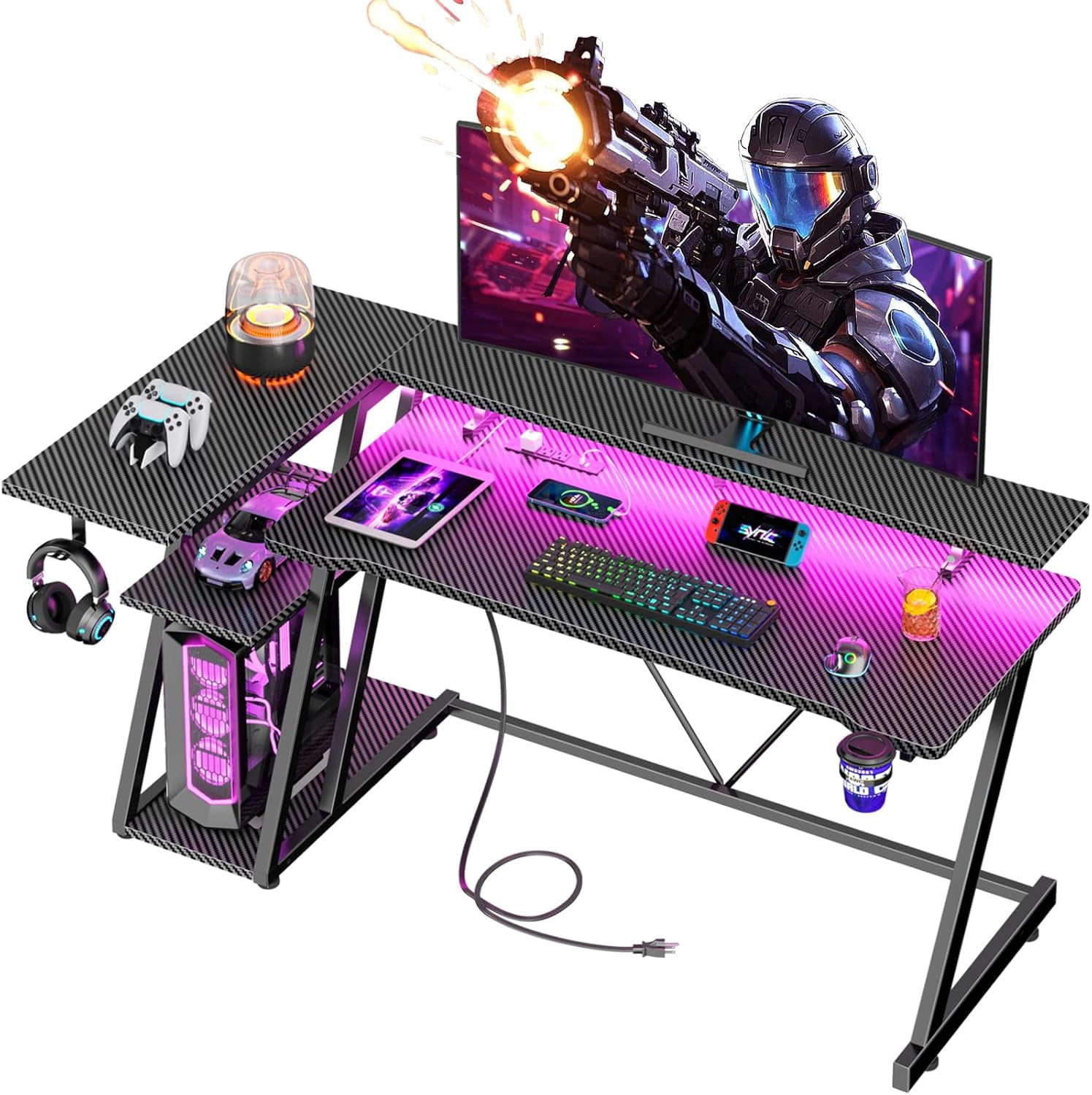 40 Inch Gaming Desk with Power Outlet & LED Lights, L Shaped Computer ...