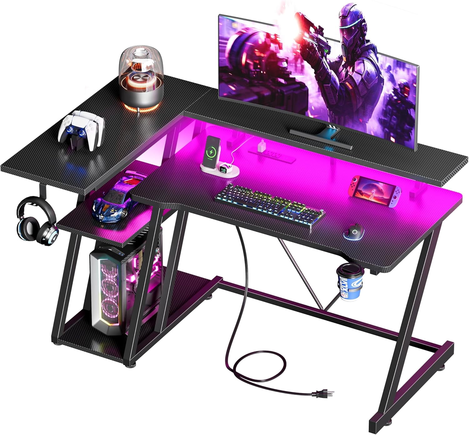 40 Inch Gaming Desk with Power Outlet & LED Lights, L Shaped Computer Gaming Table with 3 Tiers Storage Shelves, Corner Gamer Desk with Monitor Stand for Small Space, Carbon Fiber Black