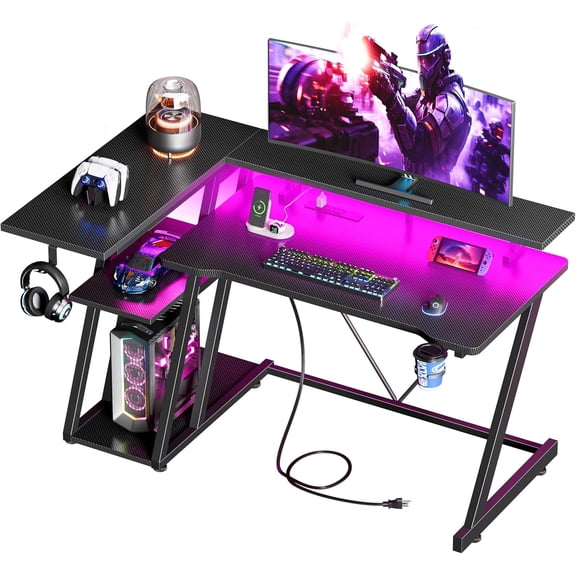 40 Inch Gaming Desk with Power Outlet & LED Lights, L Shaped Computer Gaming Table with 3 Tiers Storage Shelves, Corner Gamer Desk with Monitor Stand for Small Space, Carbon Fiber Black