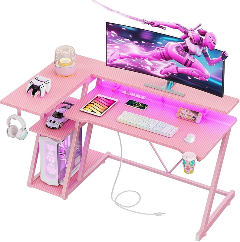 40 Inch Gaming Desk with Power Outlet & LED Lights, L Shaped Computer Gaming Table with 3 Tiers Storage Shelves, Corner Gamer Desk with Monitor Stand for Small Space,