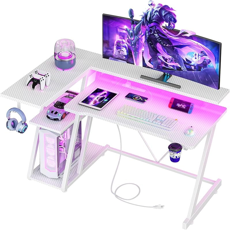 40 Inch Gaming Desk with Power Outlet & LED Lights, L Shaped Computer Gaming Table with 3 Tiers Storage Shelves, Corner Gamer Desk with Monitor Stand for Small Space,