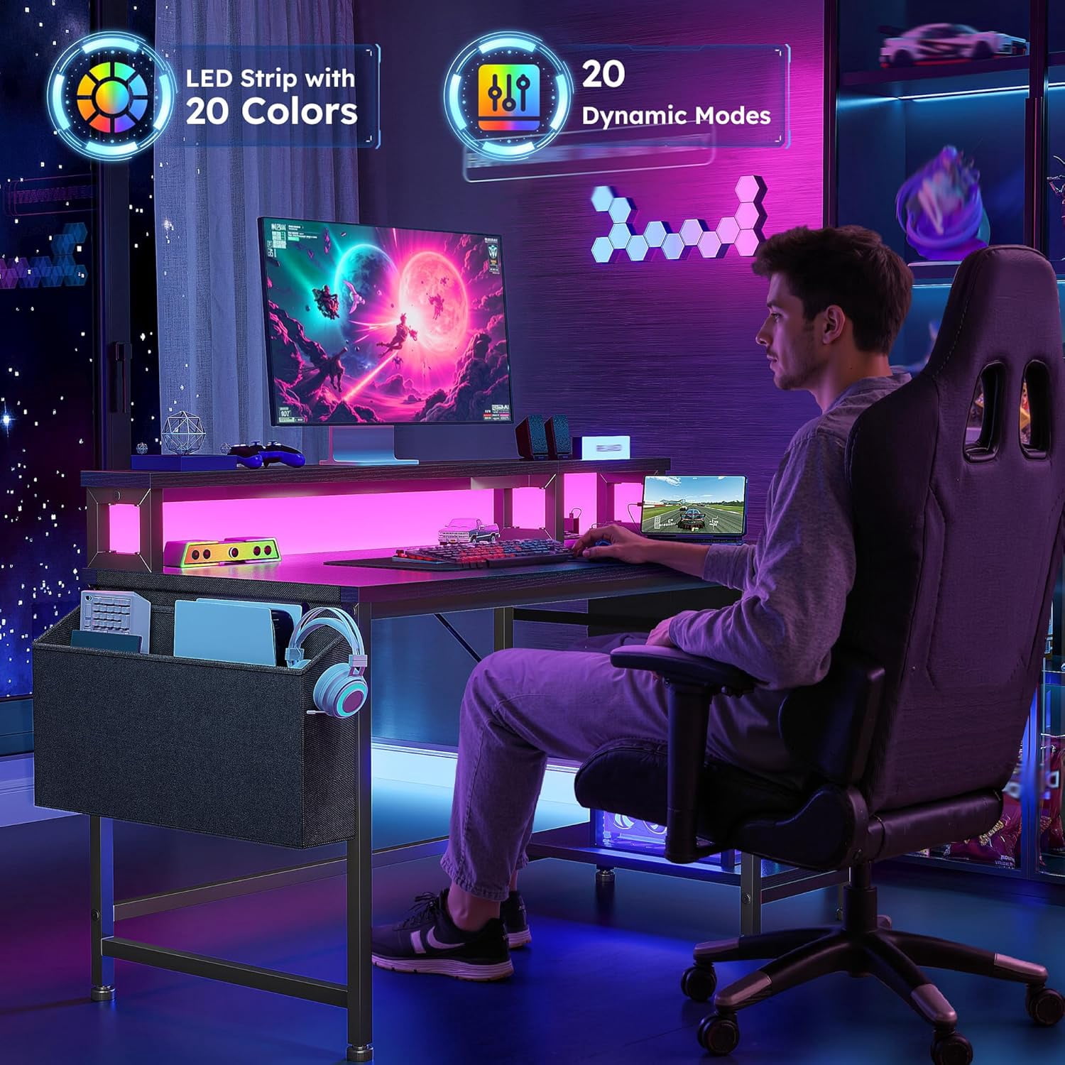 40 Inch Gaming Desk with LED Lights, Power Outlets & Storage Drawers ...