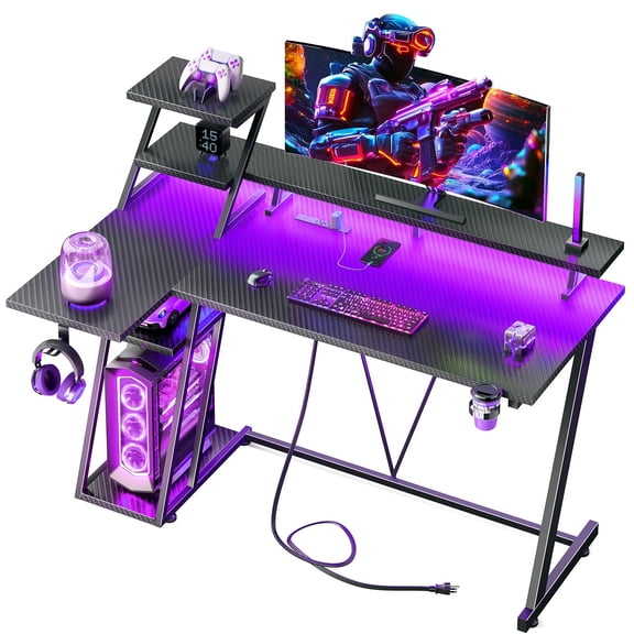 47 Inch Gaming Desk with Power Outlet, LED, Carbon Fiber White ...