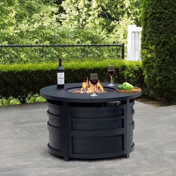 40 Inch Gas Fire Pit Table, 50,000 BTU Propane Round Fire Pit for Outside with Removable Aluminum Lid and Glass Beads, 2-in-1 Fire Pit Table Gatherings Parties on Patio Deck Garden Backyard, Black