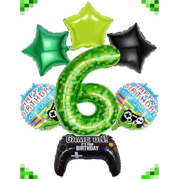 40 Inch Green Pixel Art Miner Number 6 Balloon Set for Birthday Party Decoration Supplies