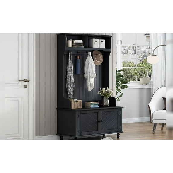 40 Inch Hall Tree With Storage Bench, Accent Coat Tree With Storage Shelves, Entryway Bench With Coat Rack, Cabinet And Drawers For Hallway, Mudroom