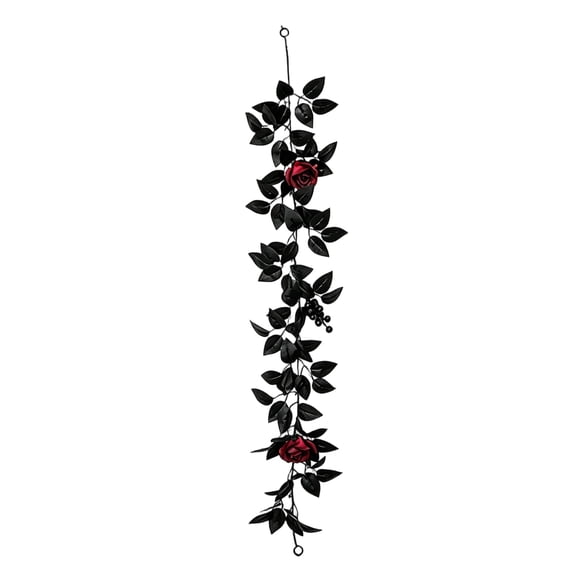 40-Inch Halloween Black Leaf Red Rose Vine, Dark Gothic Classic Red Black Contrast, Bendable Spooky Party Wrapping Decor for Table Mantel