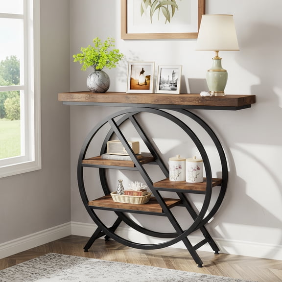 40-Inch Industrial 4-Tier Console Table, Geometric Metal Frame Entryway Table With Storage Shelves, Accent Sofa Table For Living Room Hallway (Rustic Brown)