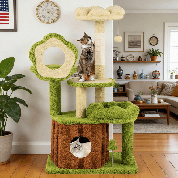 40 Inch Jungle Theme Cat Tree with Condo Sisal Scratching Post Washable Peach Skin Cover Interactive Cat Toys Multi Level Cat Tower with Perch Platforms for Indoor Cats Climbing Playing Sleeping
