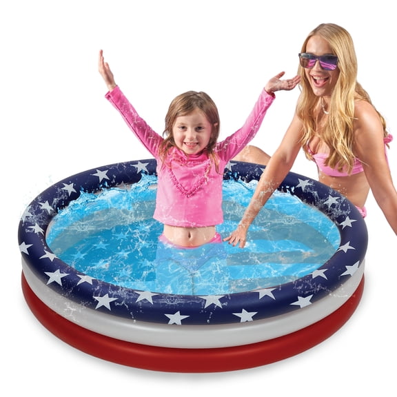POZA Inflatable Swimming Pool for Kids - 3 Ring USA Flag in Red, White, and Blue Kiddie Pool with Non-Inflatable Bottom, Round Blow Up Pools for Fun Summer Party - 40x10 Inches