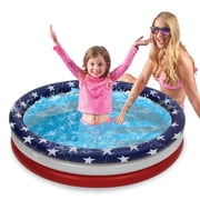 POZA Inflatable Swimming Pool for Kids - 3 Ring USA Flag in Red, White, and Blue Kiddie Pool with Non-Inflatable Bottom, Round Blow Up Pools for Fun Summer Party - 40x10 Inches