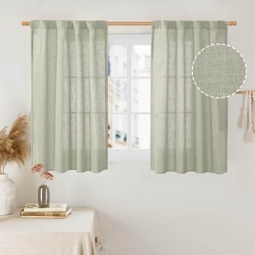 40 Inch Length Linen Curtains for Small Windows, Semi Sheer Light Filtering Panels Back Tab and Rod Pocket Neutral Drapes for Basement/Window/Loft Room, Sage Grey, 2 Panels, 34 x 40 Inch