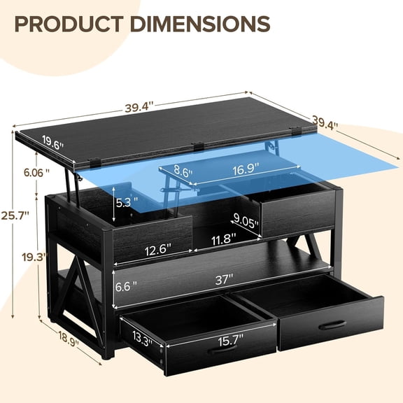 40 Inch Lift Top Coffee Table with Storage Drawers and Hidden Compartments, Multi-Function Farmhouse Center Table for Living Room, Black