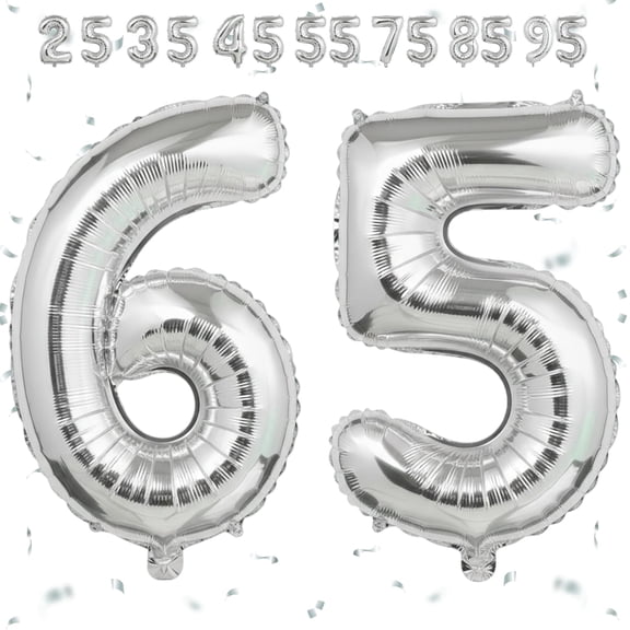 40 Inch Metallic Silver Foil Mylar Number 65 Balloon – Large Helium & Air Filled Self-Seal Decoration for 65th Birthday, Anniversary, Graduation