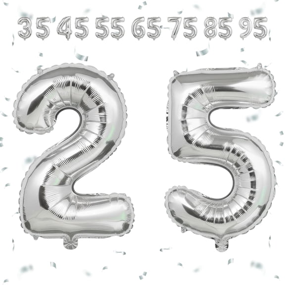 40 Inch Silver Foil Mylar Number 25 Balloon for Helium or Air Fill, Self-Sealing Party Decoration for 25th Birthday, Anniversary & Graduation